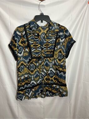 Size Large NY Collection Navy, Mustard & White Short Sleeve Top
